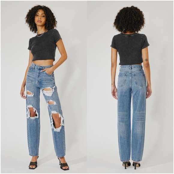KANCAN High Waisted Straight Ripped Distressed Jeans - Picture 1 of 6